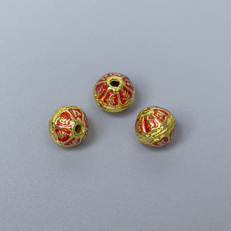 Cloisonné Bead with Red Enamel, 7x6mm +/- hole 1mm, metal colour gold-tone, 1 piece