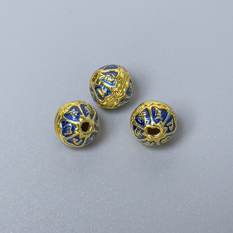 Cloisonné Bead Finding Blue Enamel, Diameter 7x6mm +/- Hole Diameter 1mm, Gold-Coloured Metal, 1pc