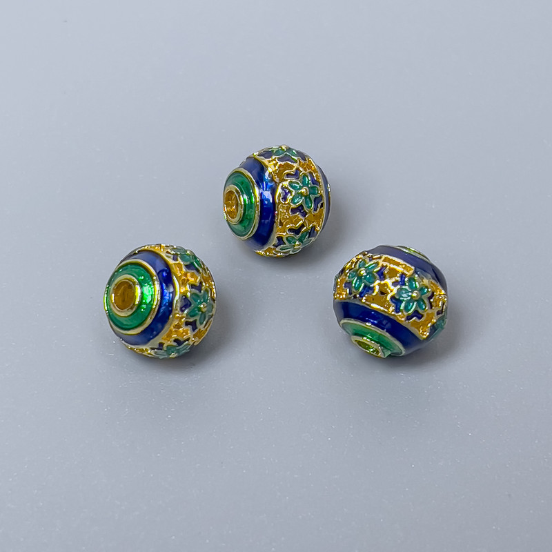 Cloisonné Bead Finding, Blue Green Enamel, Diameter 8mm +/- Hole Diameter 1.5mm, Gold-Coloured Metal, 1 pc
