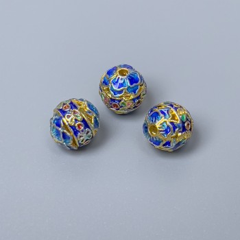 Clasp bead Cloisonné blue enamel, diameter 8mm± hole diameter 1.5mm, metal colour gold-tone, 1 pc