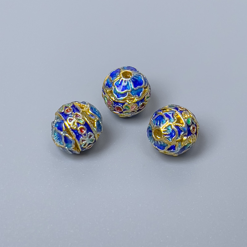 Cloisonné Bead Finding, Blue Enamel, Diameter 8mm+/- Hole Diameter 1.5mm, Gold-Colour Metal, 1 pc