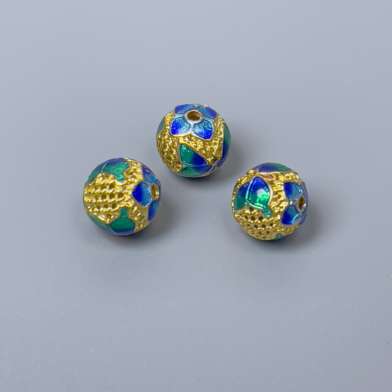 Cloisonné Bead Finding, Blue-Turquoise Enamel, Diameter 8mm +/- Hole Diameter 1.5mm, Gold-Coloured Metal, 1 pc