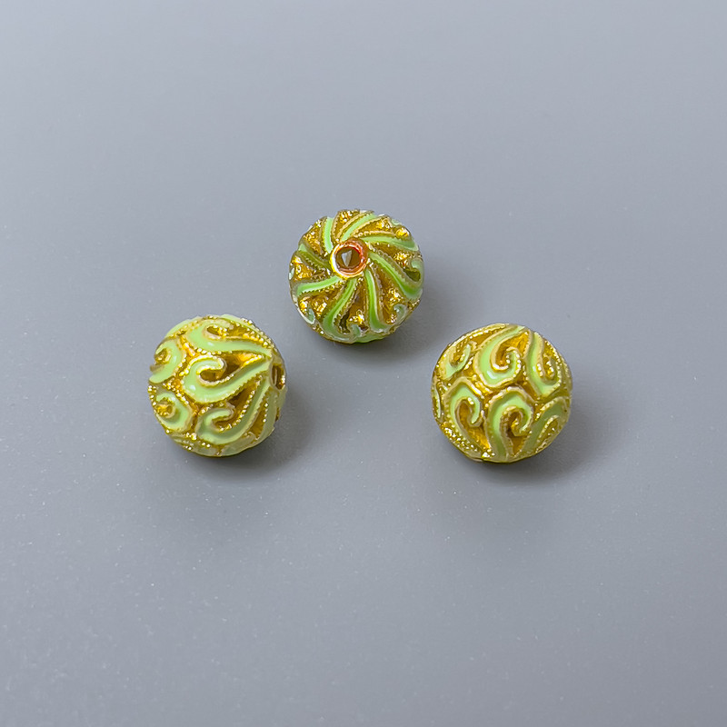 Cloisonné Bead Finding, Light Green Enamel, Diameter 8mm+/- Hole Diameter 1mm, Gold-Coloured Metal, 1pc