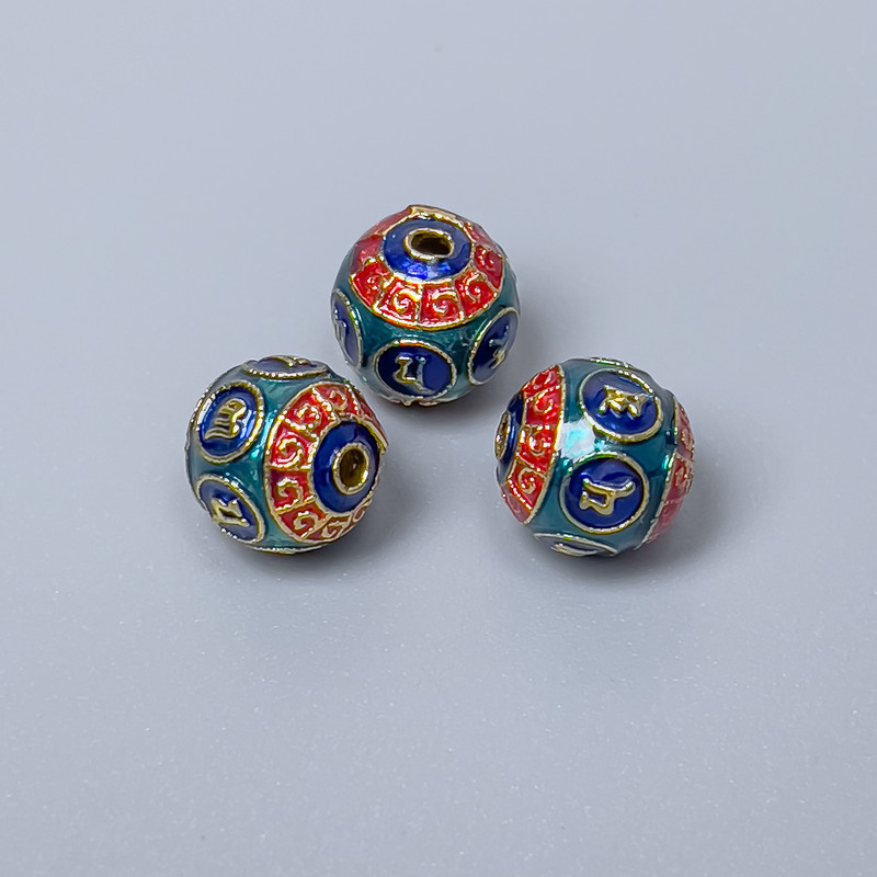 Finding Cloisonné bead red turquoise blue enamel, diameter 8mm +/- hole, diameter 1.5mm gold-coloured metal, 1 pc