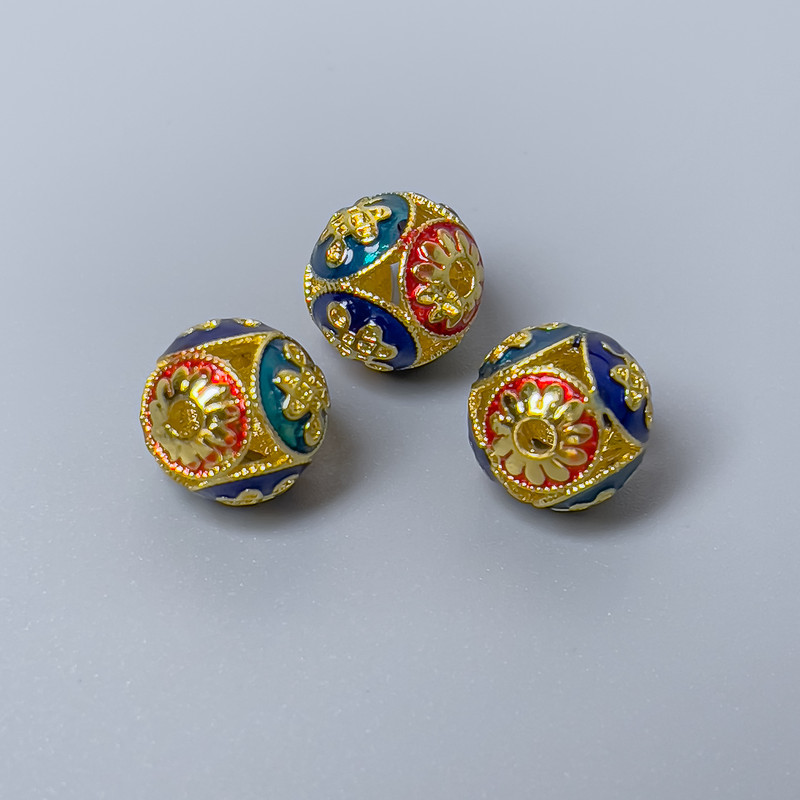 Cloisonné Bead Finding, Red Turquoise Blue Enamel, Diameter 10mm+/- Hole Diameter 1.8mm, Gold-Coloured Metal, 1pc