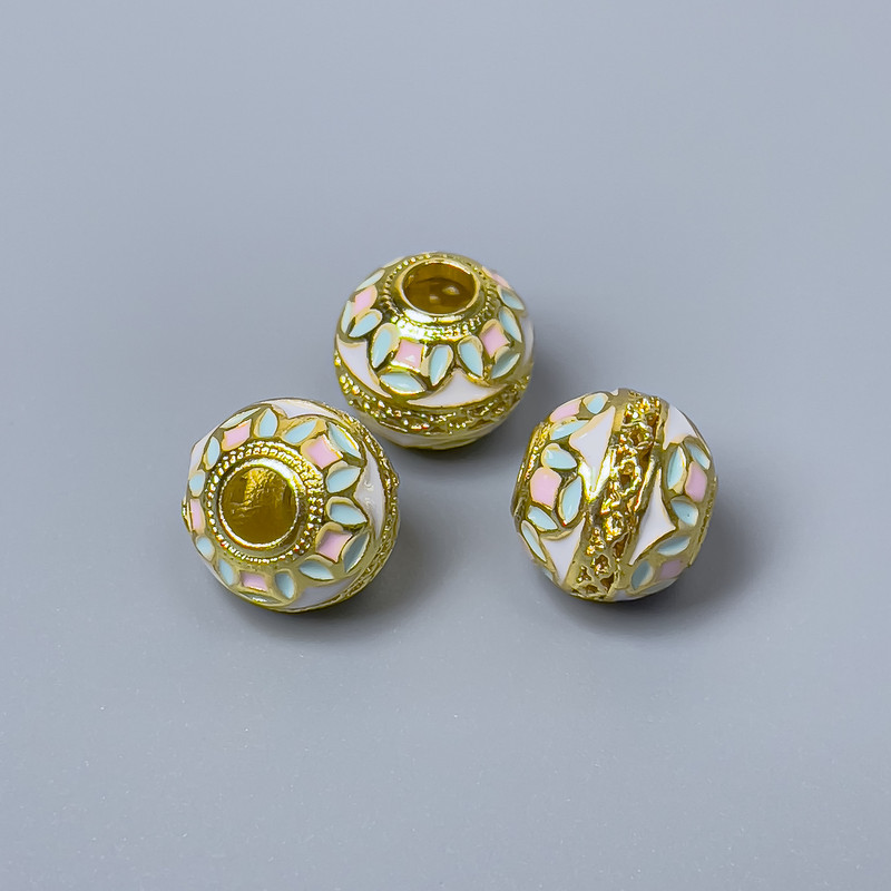 Findings Cloisonné Bead Pink White Enamel, Diameter 10x9mm +/- Hole Diameter 3.5mm, Gold-Coloured Metal, 1 pc