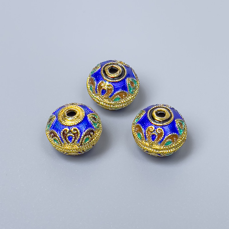 Cloisonné Bead Finding, Blue Enamel, Diameter 10x9mm+/- Hole Diameter 1.8mm, Gold-Colour Metal, 1 pc