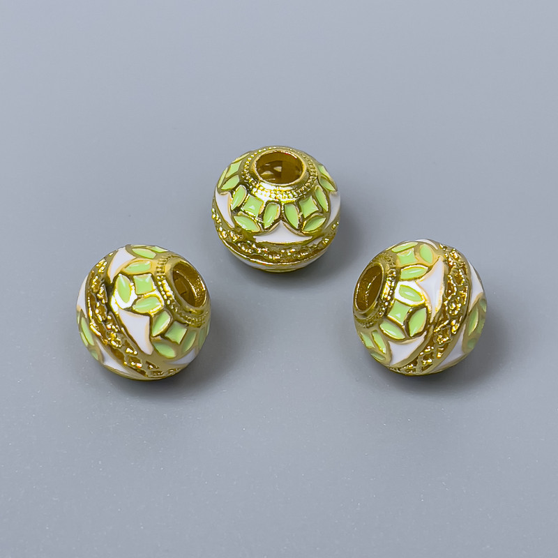 Findings Cloisonné Bead Lime Green White Enamel, Diameter 10x9mm +/- Hole Diameter 3.5mm, Gold-Coloured Metal, 1 pc