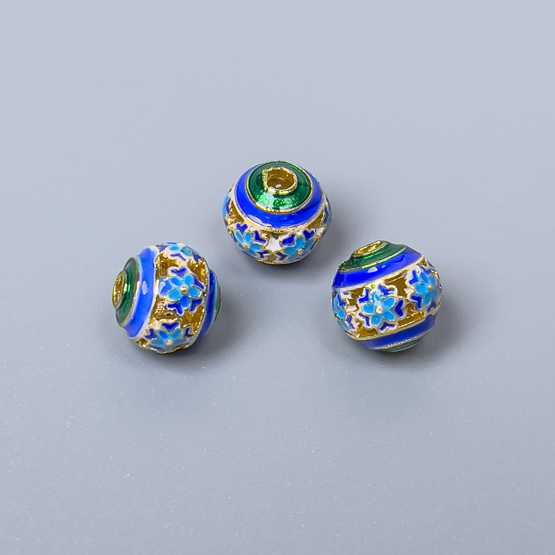 Cloisonné Bead Finding, Green Blue Light Blue Enamel, Diameter 8mm +/- Hole Diameter 1.5mm, Gold-Coloured Metal, 1 pc