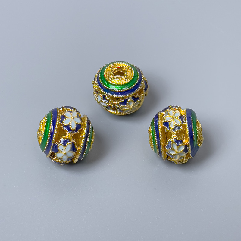 Cloisonné Bead Finding, Green Blue White Enamel, Diameter 10mm +/- Hole Diameter 1.8mm, Gold-Coloured Metal, 1 pc