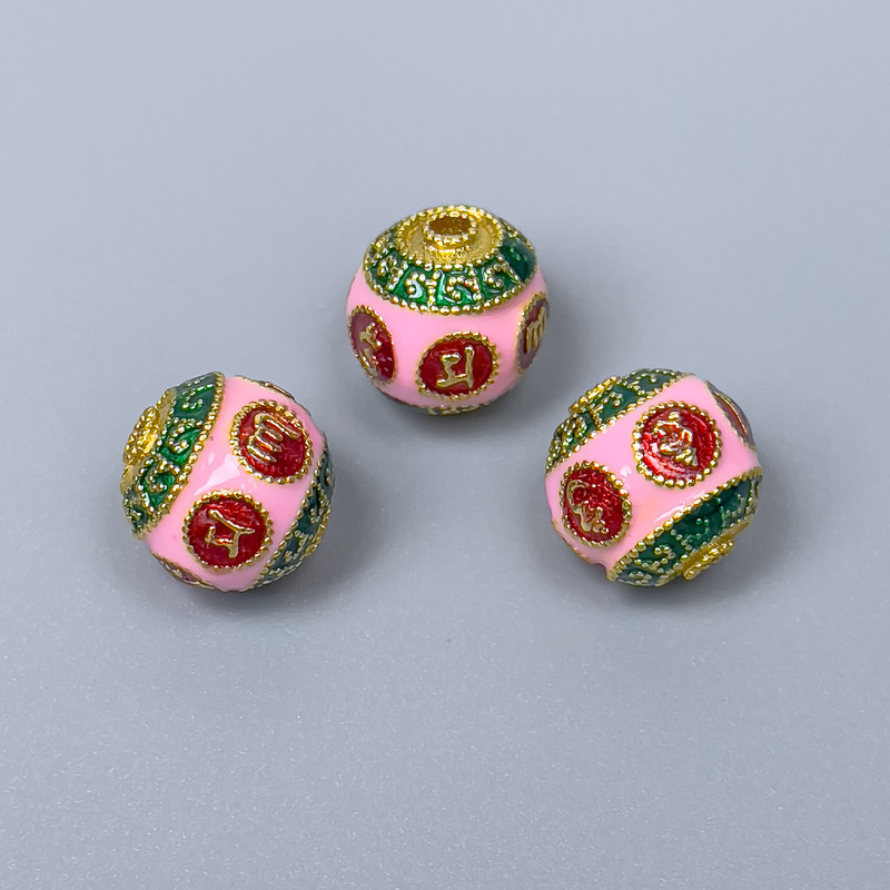 Finding Cloisonné bead red green pink enamel, diameter 10mm +/- hole, diameter 2mm gold-coloured metal, 1 pc