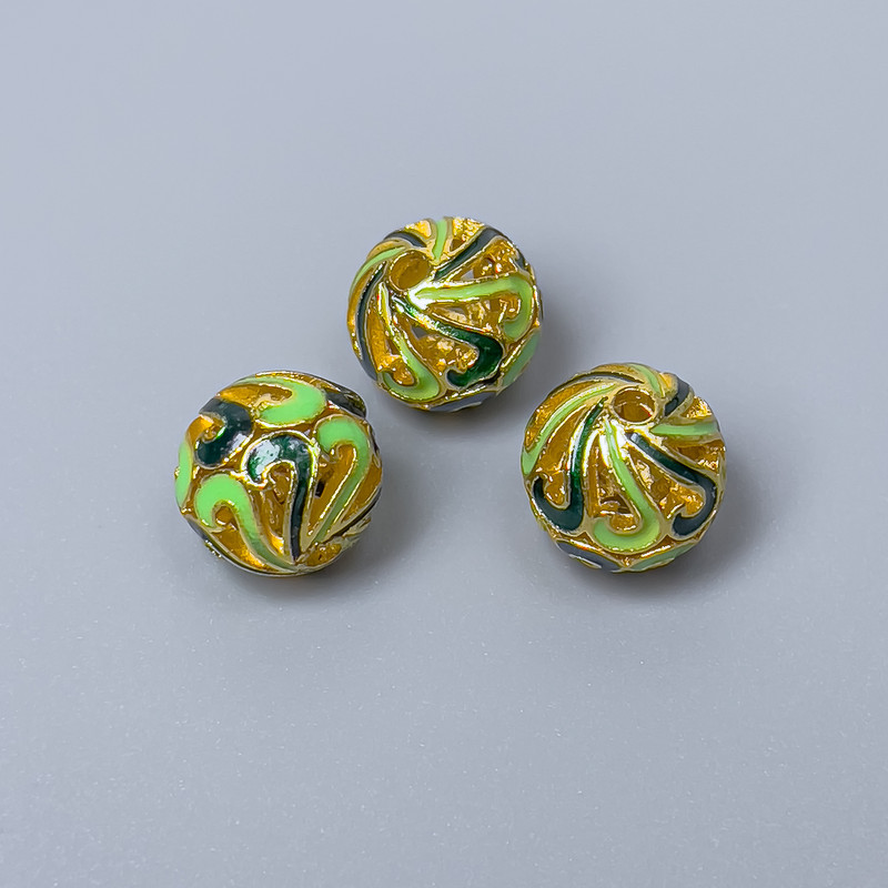 Cloisonné Bead Finding, Green Enamel, Diameter 10mm+/- Hole Diameter 2mm, Gold-Coloured Metal, 1pc