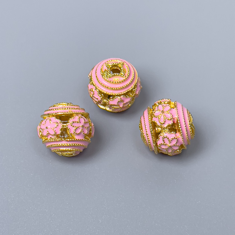 Cloisonné Bead Finding, Pink Enamel, Diameter 10mm +/- Hole Diameter 1.8mm, Gold-Coloured Metal, 1 pc