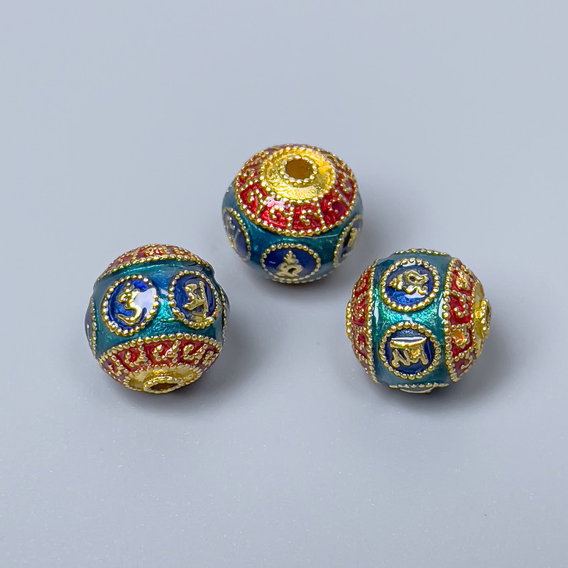 Finding Cloisonné bead red blue turquoise enamel, diameter 10mm +/- hole, diameter 2mm gold-coloured metal, 1 pc
