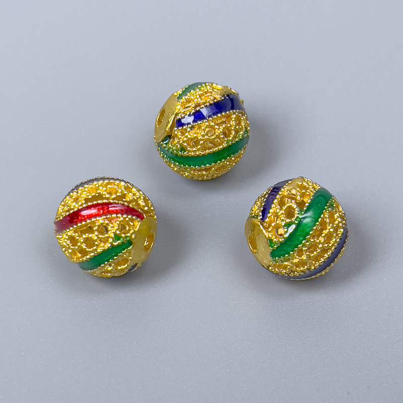 Cloisonné Bead Finding, Blue Red Green Enamel, Diameter 10mm+/- Hole Diameter 1.8mm, Gold-Colour Metal, 1 pc