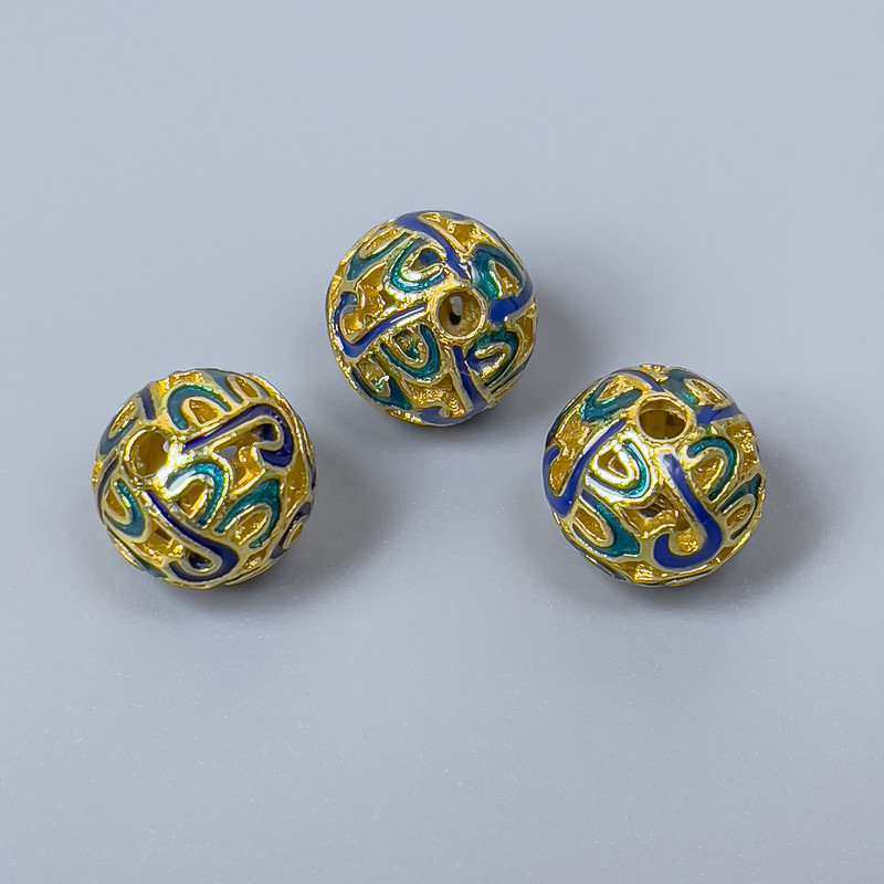 Cloisonné Bead Finding, Blue Turquoise Enamel, 10mm+/- Diameter, 2mm Hole Diameter, Gold-Tone Metal Colour, 1pc