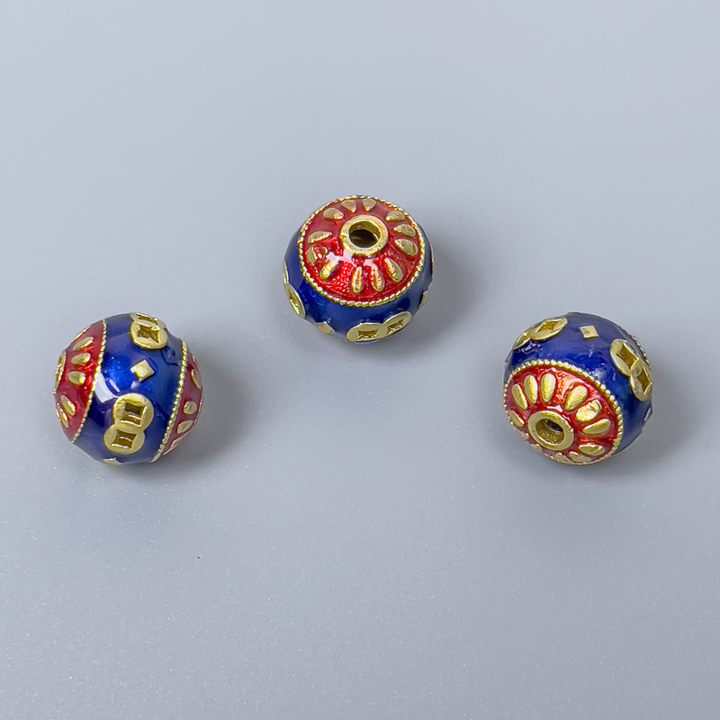 Cloisonné Bead Finding, Blue Red Enamel, Diameter 10mm +/- Hole Diameter 2mm, Gold-Coloured Metal, 1 pc