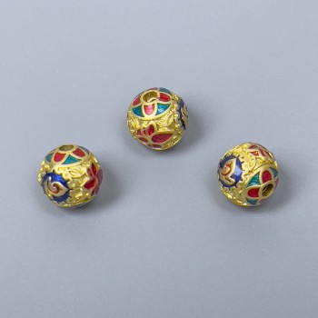 Cloisonné Bead - Cloisonné Bead in Blue, Red, Turquoise Enamel, 8mm diameter ±, hole 1.5mm, antique gold metal tone, 1 piece