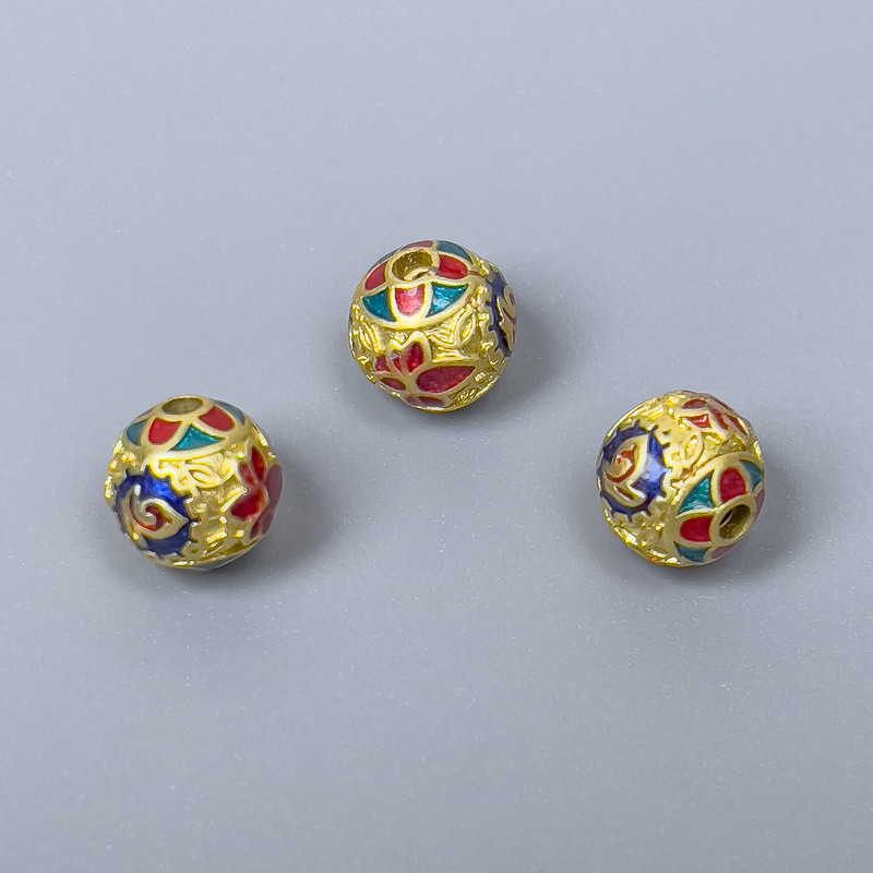 Cloisonné Bead - Cloisonné Bead in Blue, Red, Turquoise Enamel, 8mm diameter ±, hole 1.5mm, antique gold metal tone, 1 piece
