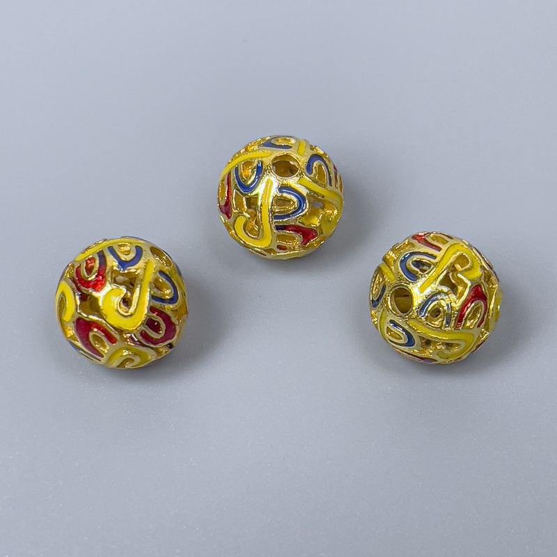 Cloisonné Bead Finding, Red Yellow Blue Enamel, 10mm+/- Diameter, 2mm Hole Diameter, Gold-Tone Metal Colour, 1pc