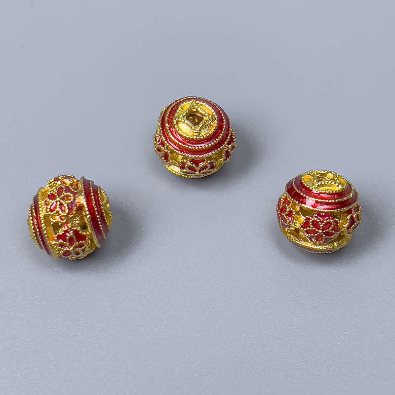 Cloisonné Bead Finding, Red Enamel, Diameter 10mm +/- Hole Diameter 1.8mm, Gold-Coloured Metal, 1 pc