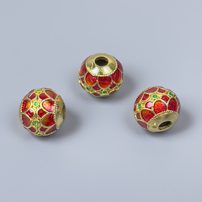 Cloisonné Bead Finding, Red Green Enamel, 10x9mm+/- Diameter, 3mm Hole Diameter, Gold-Tone Metal Colour, 1pc