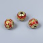 Cloisonné Bead Finding, Red Green Enamel, 10x9mm+/- Diameter, 3mm Hole Diameter, Gold-Tone Metal Colour, 1pc