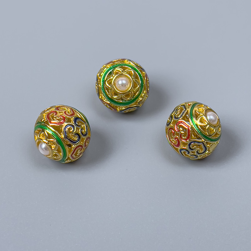 Cloisonné Bead Finding, Green Red Blue Enamel, Diameter 10mm+/- Hole Diameter 2mm, Gold-Colour Metal, 1 pc