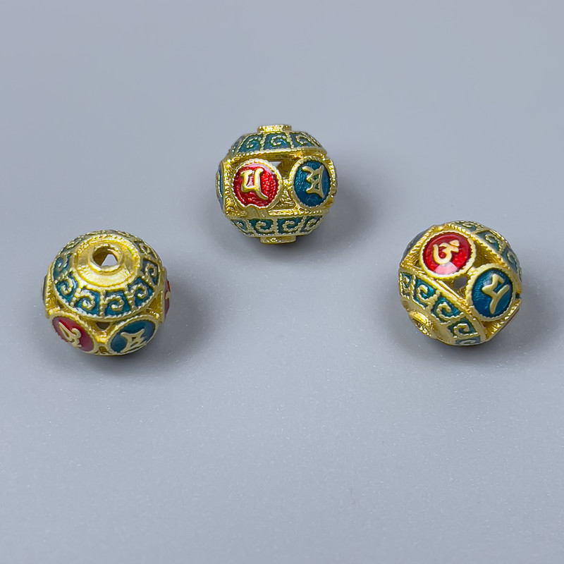 Cloisonné Bead Finding, Red Turquoise Enamel, Diameter 11mm +/- Hole Diameter 2.3mm, Gold-Tone Metal, 1pc