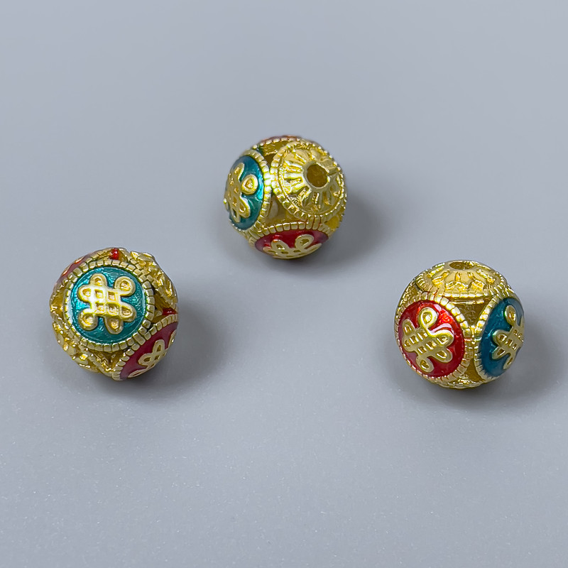 Cloisonné Bead Finding, Red Turquoise Enamel, Diameter 10mm+/- Hole Diameter 1.8mm, Gold-Coloured Metal, 1pc