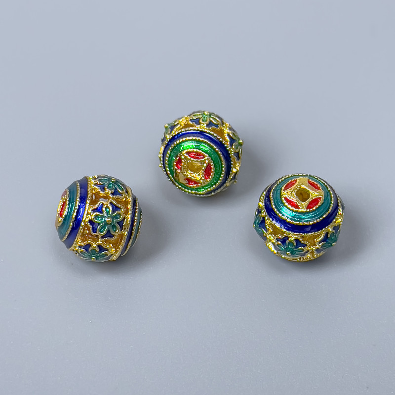 Finding Cloisonné bead blue red sky-blue green enamel, diameter 10x9mm +/- hole, diameter 1.5mm gold-coloured metal, 1 pc