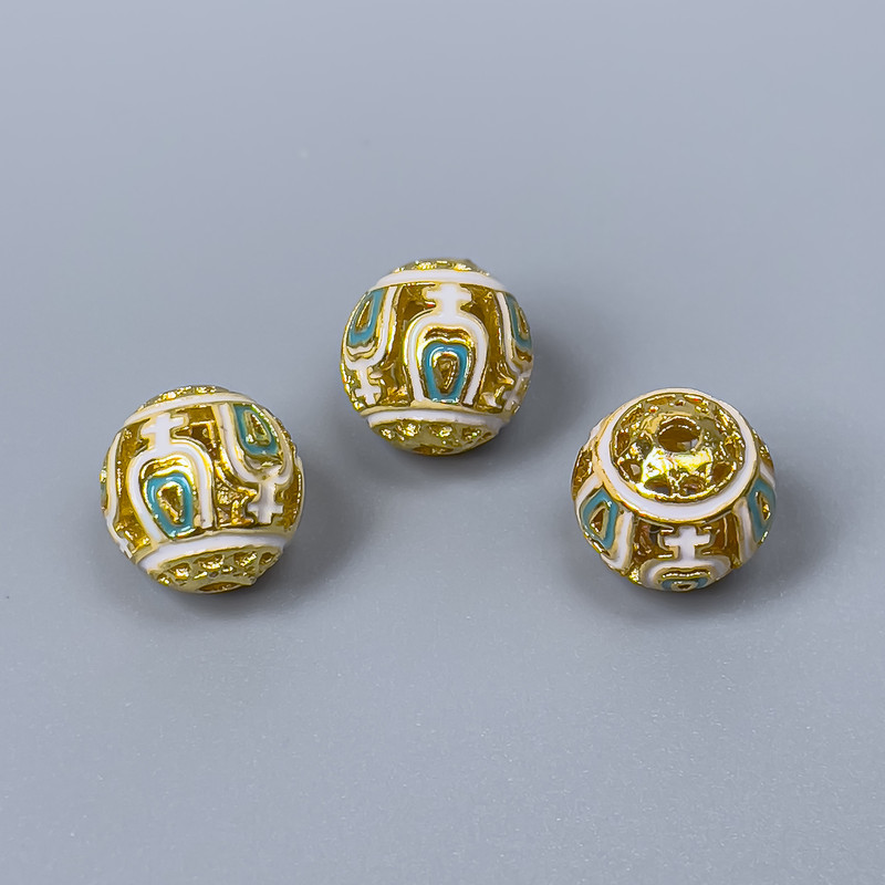 Cloisonné Bead Finding, White Light Blue Enamel, Diameter 10mm+/- Hole Diameter 1.8mm, Gold-Colour Metal, 1 pc