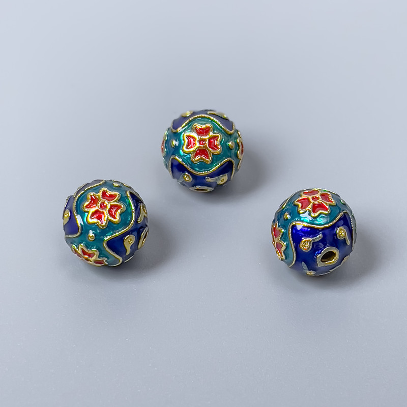 Cloisonné Bead Finding, Blue Turquoise Red Enamel, Diameter 10mm +/- Hole Diameter 2mm, Gold-Coloured Metal, 1 pc