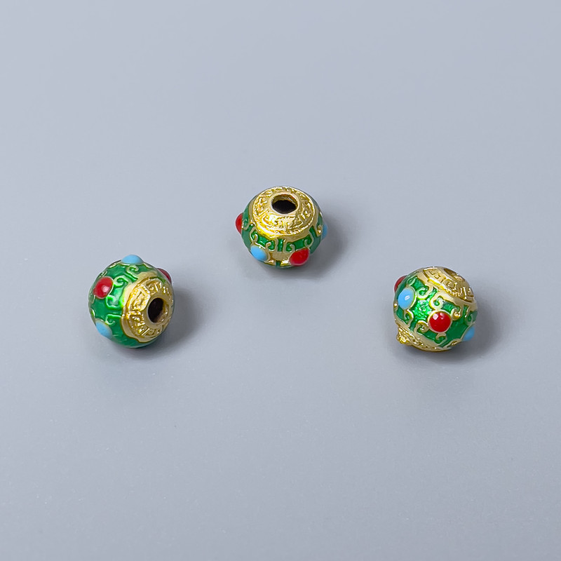 Cloisonné Bead Finding, Green Red Enamel, Diameter 8x7mm+/- Hole Diameter 2mm, Gold-Colour Metal, 1 pc