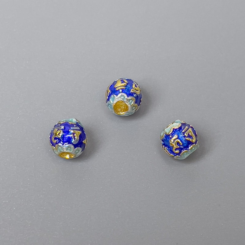 Finding Cloisonné bead blue sky-blue enamel, diameter 6x5.5mm +/- hole, diameter 2mm gold-coloured metal, 1 pc