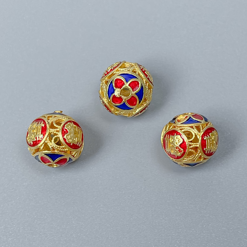 Cloisonné Bead Finding, Blue Red Enamel, Diameter 10mm+/- Hole Diameter 1.5mm, Gold-Coloured Metal, 1pc