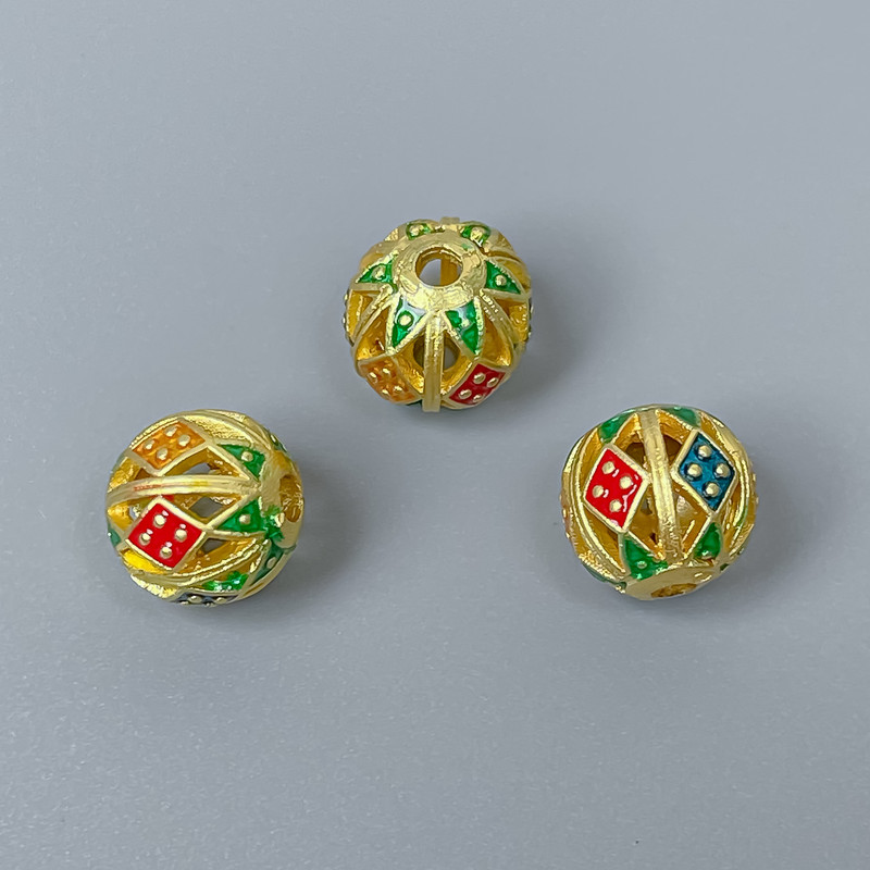 Cloisonné Bead Finding, Blue Red Green Enamel, Diameter 10mm+/- Hole Diameter 2mm, Gold-Colour Metal, 1 pc