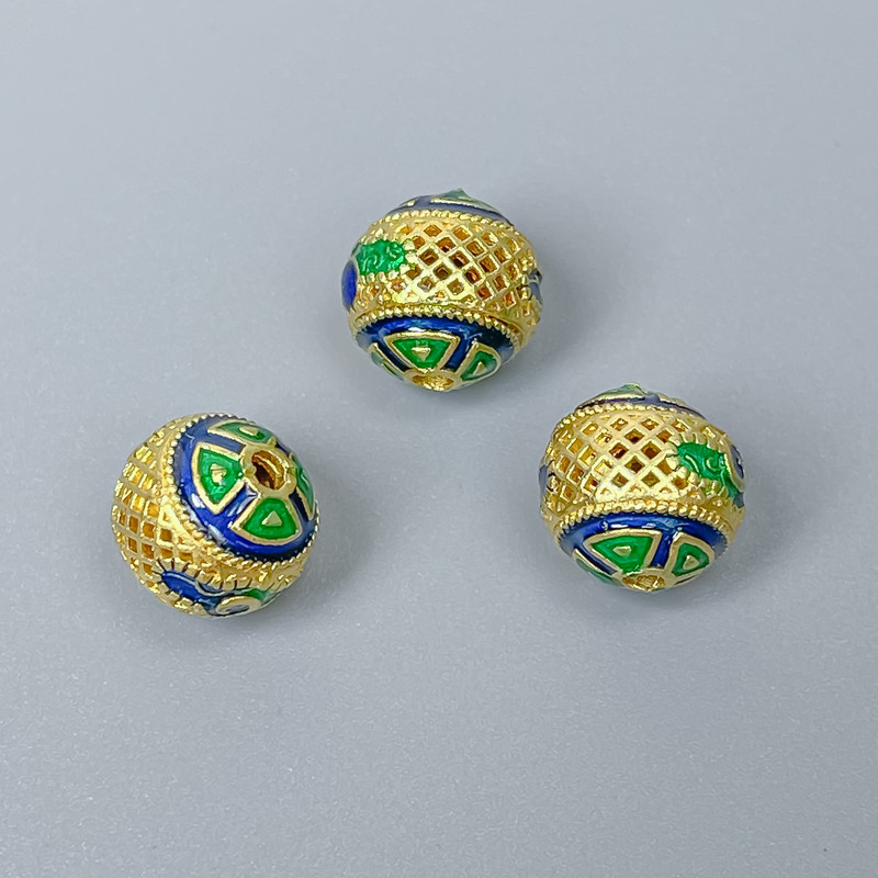 Cloisonné Bead Finding, Blue Green Enamel, Diameter 10mm+/- Hole Diameter 2mm, Gold-Colour Metal, 1 pc