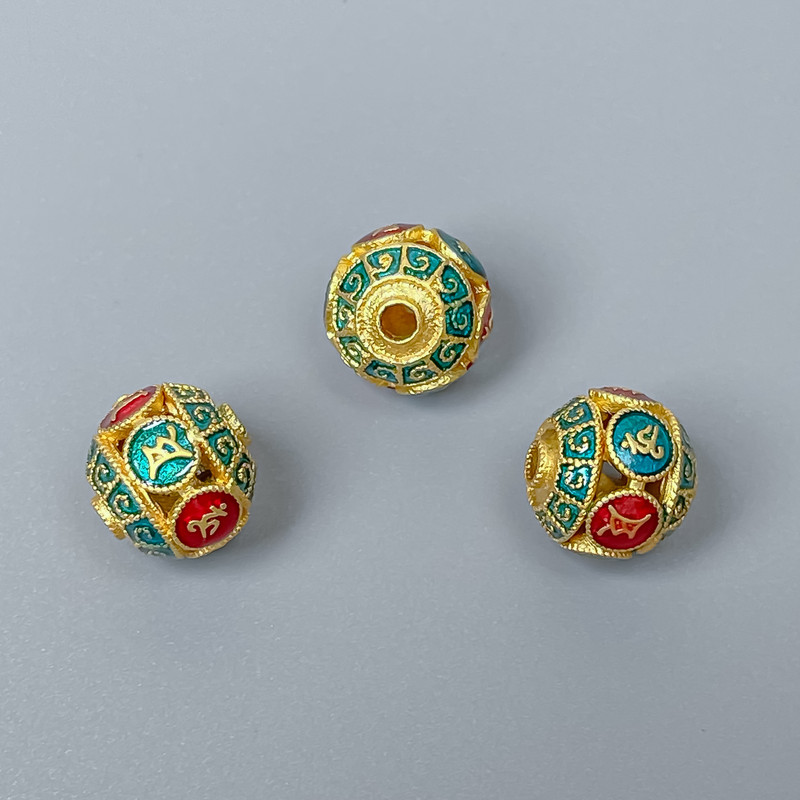 Cloisonné Bead Finding, Turquoise Red Enamel, Diameter 10mm +/- Hole Diameter 1.8mm, Light Gold-Tone Metal, 1pc