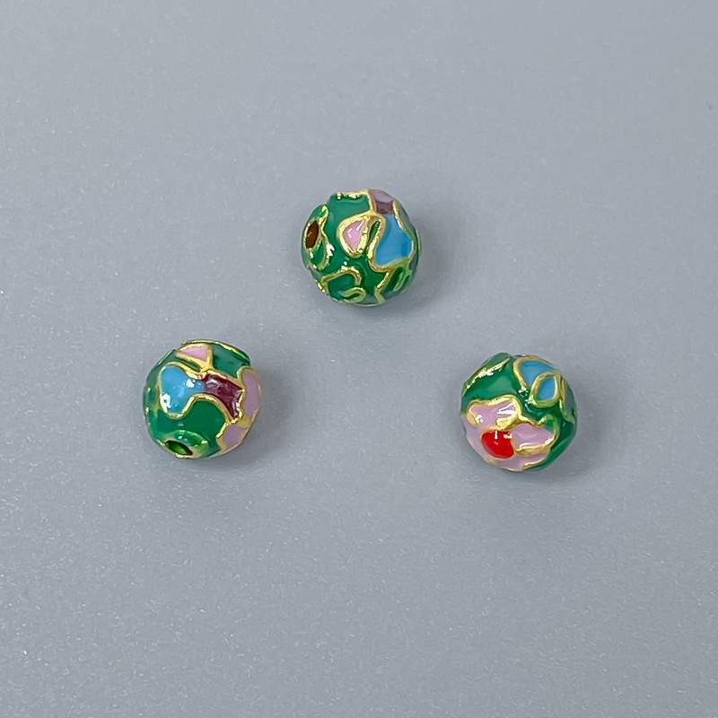Cloisonné Bead Finding, Green Lilac Enamel, Diameter 6mm +/- Hole Diameter 1mm, Gold-Tone Metal, 1pc