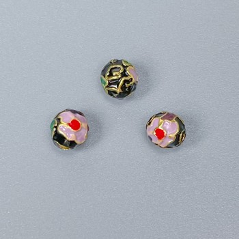Cloisonné Bead Finding, Black Lilac Green Enamel, Diameter 6mm +/- Hole Diameter 1mm, Gold-Tone Metal, 1pc