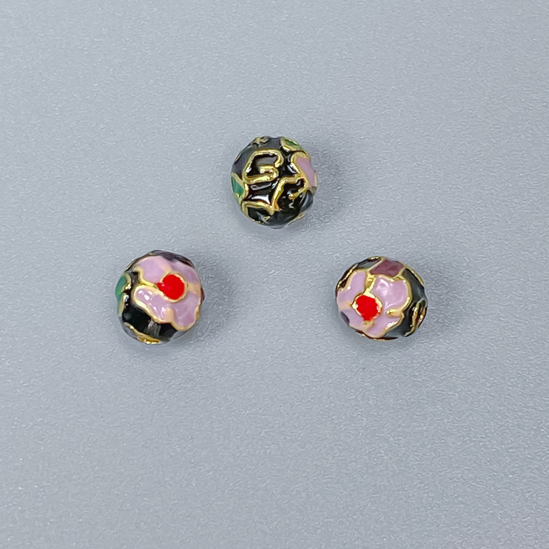 Cloisonné Bead Finding, Black Lilac Green Enamel, Diameter 6mm +/- Hole Diameter 1mm, Gold-Tone Metal, 1pc