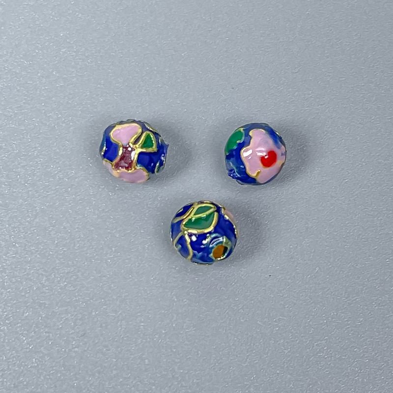 Cloisonné Bead Finding, Blue Pink Enamel, Diameter 6mm +/- Hole Diameter 1mm, Gold-Tone Metal, 1pc