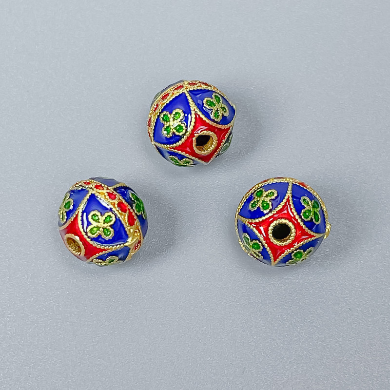 Cloisonné Bead Finding, Blue Red Enamel, 10mm+/- Diameter, 2mm Hole Diameter, Gold-Tone Metal Colour, 1pc