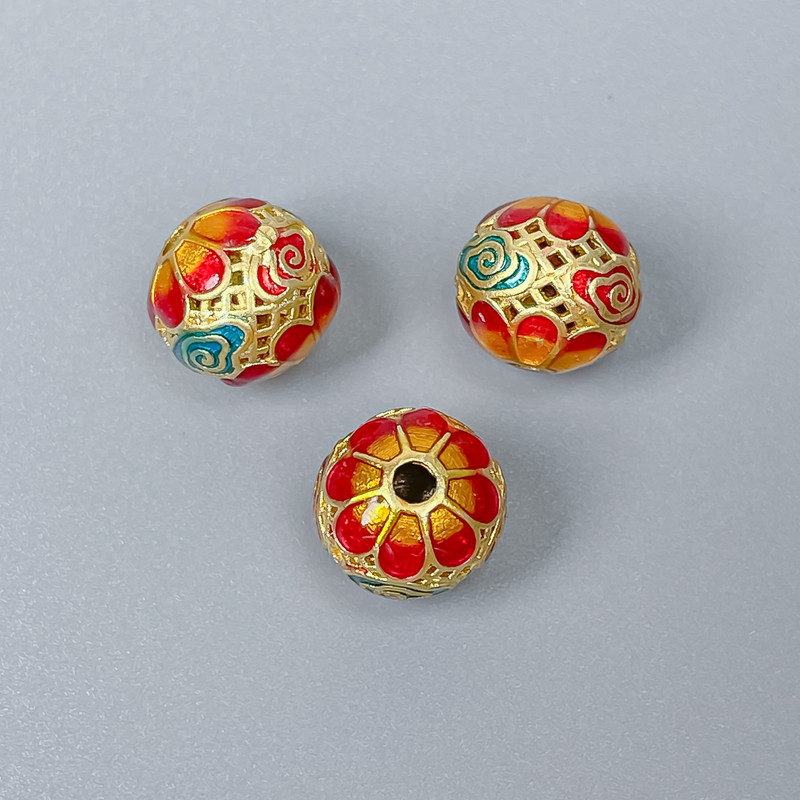 Cloisonné Bead Finding, Red Yellow Green Enamel, Diameter 10x9.5mm+/- Hole, Diameter 2mm, Gold-Coloured Metal, 1pc