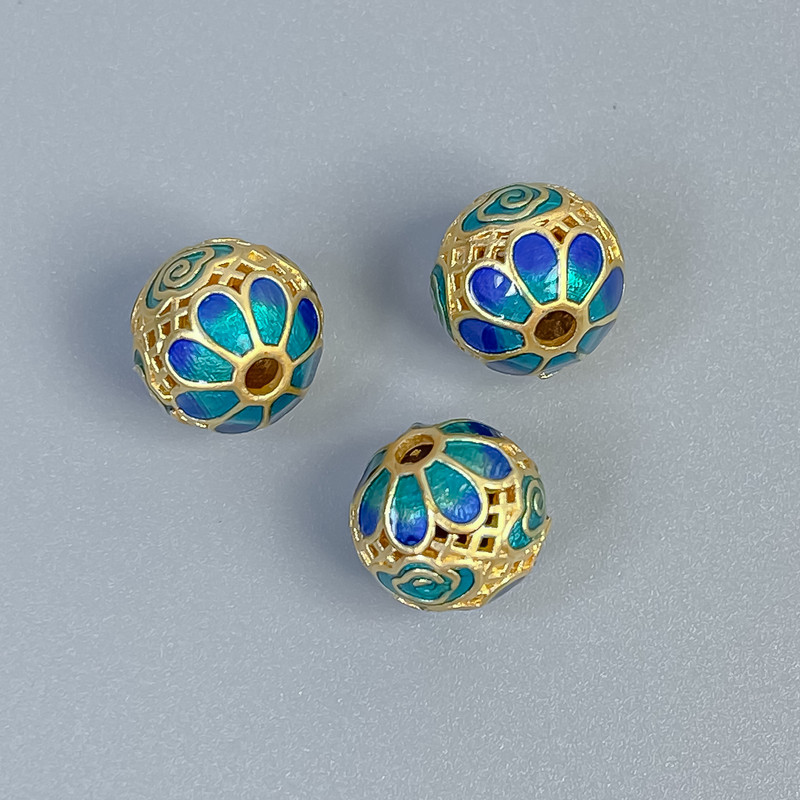 Cloisonné Bead Finding, Blue Green Enamel, Diameter 10x9.5mm+/- Hole, Diameter 2mm, Gold-Coloured Metal, 1pc