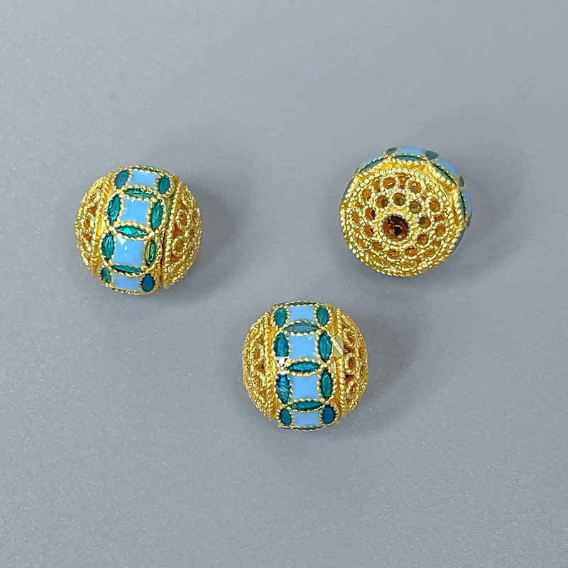 Cloisonné Bead Finding, Blue Enamel, Diameter 10mm+/- Hole, Diameter 2mm, Gold-Coloured Metal, 1pc