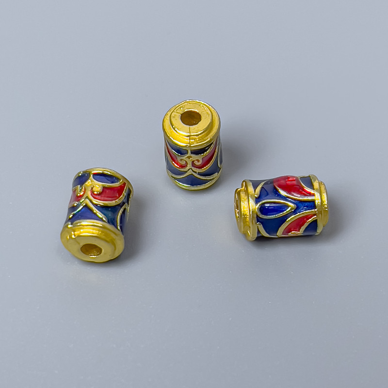 Cloisonné Cylinder Bead Finding, Blue Red Enamel, Diameter 6x8mm+- Hole, Diameter 2mm Gold-Tone Metal, 1 pc