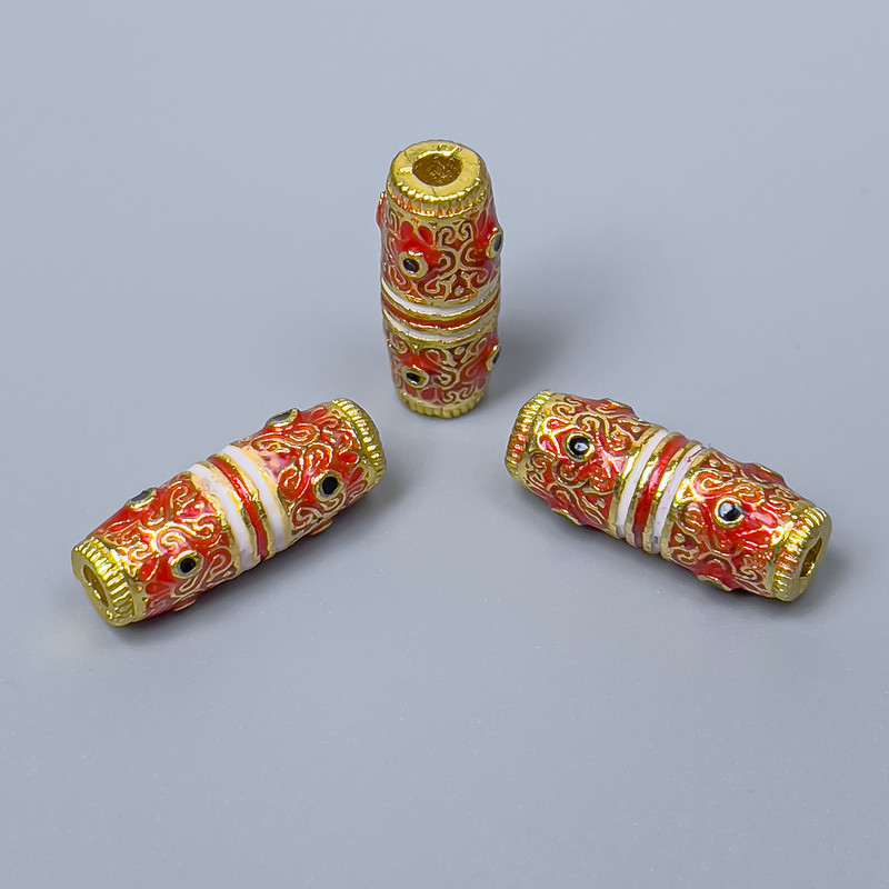 Cloisonné Cylinder Bead Finding, Red White Black Enamel, Diameter 6x17mm+- Hole, Diameter 2.5mm Gold-Tone Metal, 1 pc