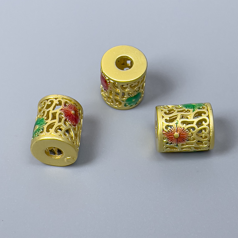 Cloisonné Cylinder Bead Finding, Red Green Enamel, Diameter 9x10mm+- Hole, Diameter 3mm Gold-Tone Metal, 1 pc